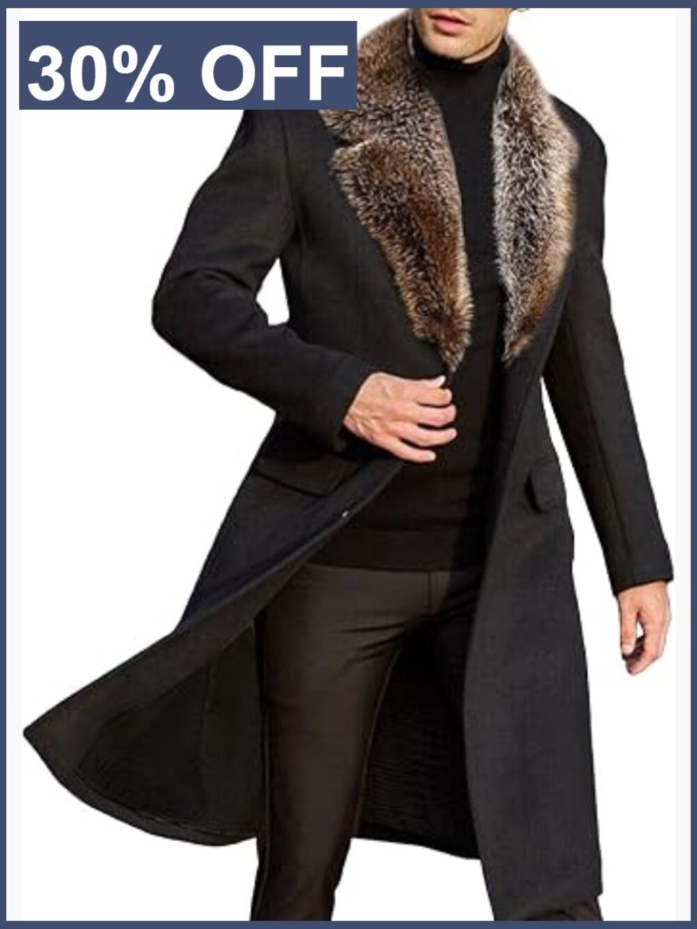 Men's Wool Blend Long Pea Coat Removable Faux Fur Collar Notched Lapel Winter